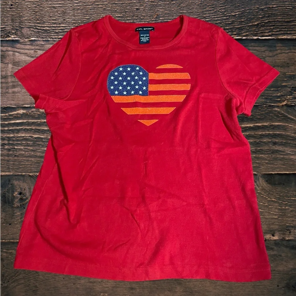 SML Sport red Stars Stripes heart tshirt cotton size small glitter graphic tee - Picture 3 of 12